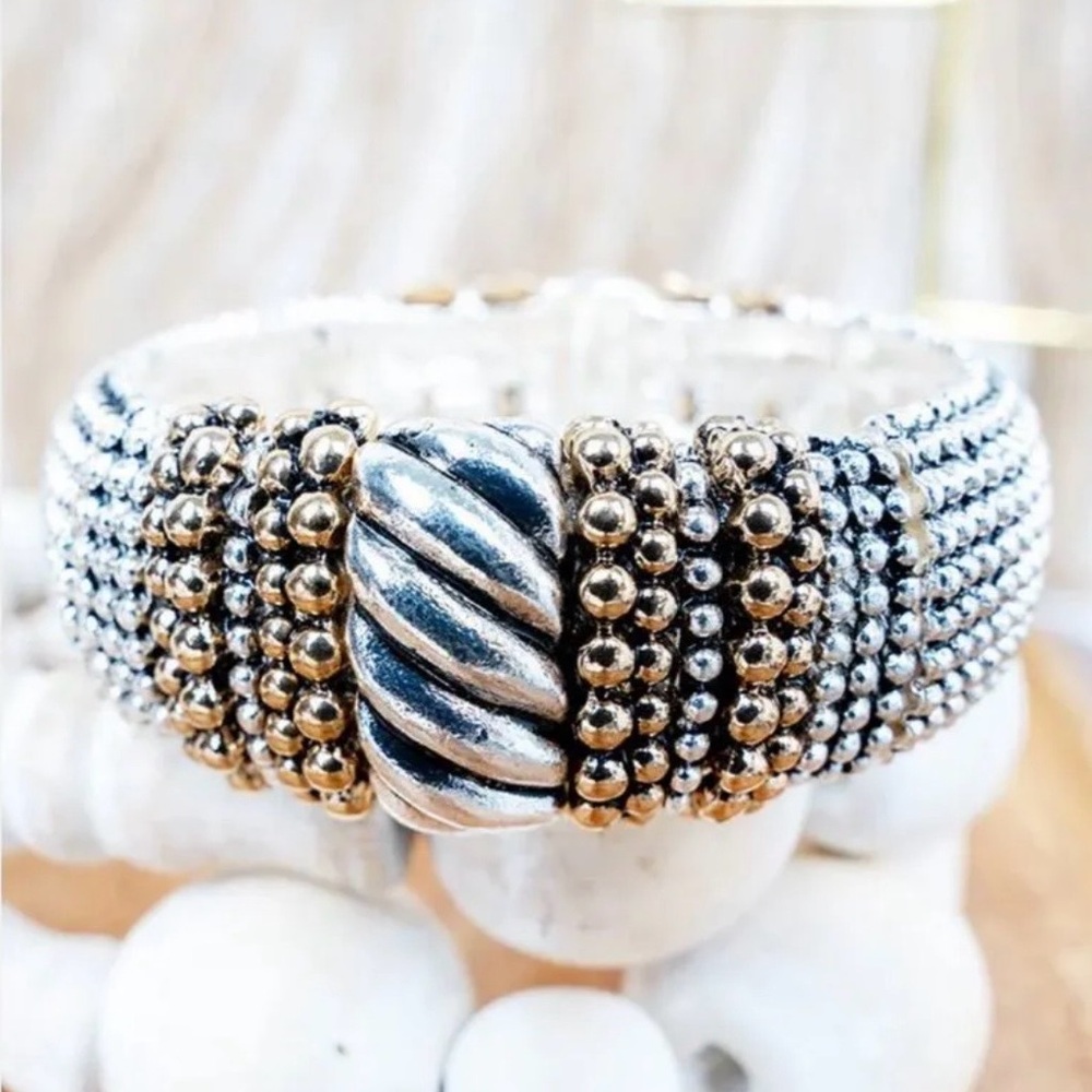 Elegant Mixed-Metal Textured Stretch – Bold Silver & Gold-Tone Statement